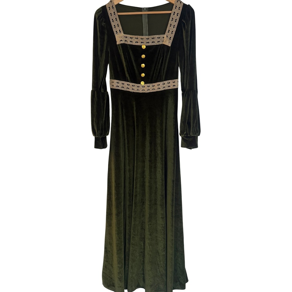 Handmade Princess Fiona Dress Women Green Velvet Gold Lace Trim Medieval Maxi